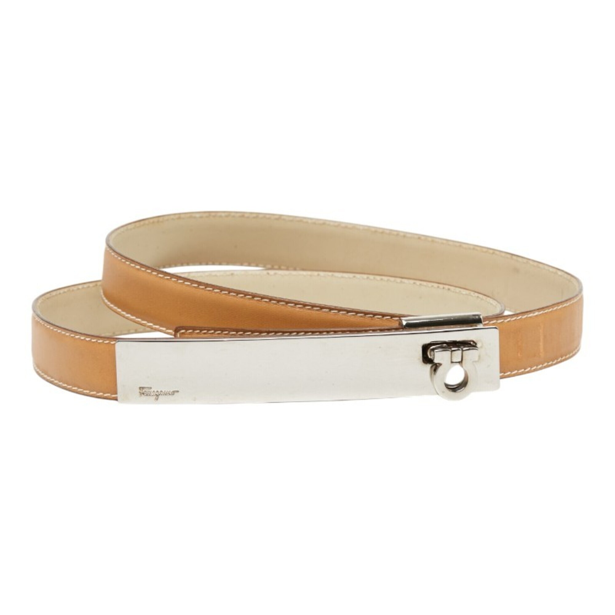 Salvatore Ferragamo Gancini Belt, Size: 75, Beige Silver Leather Metal, Women's.